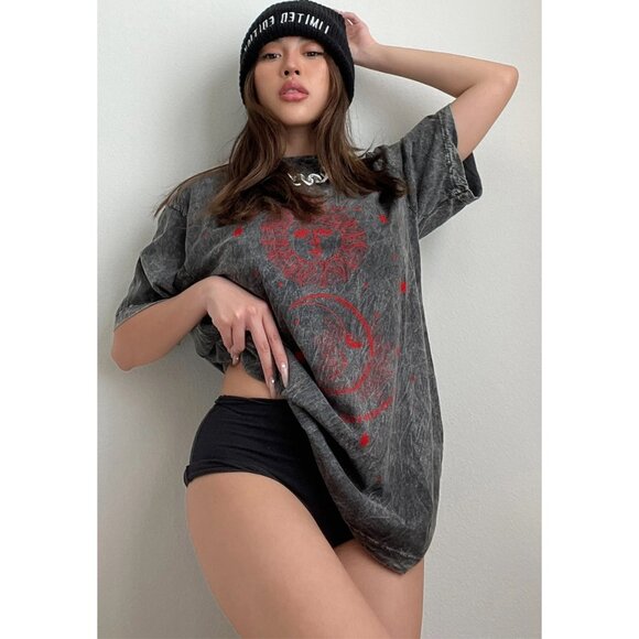 Fashion Nova ✦ Ease Your Soul Tunic Top ✦ Black Red Washed Cotton Graphic NWT - Picture 1 of 6